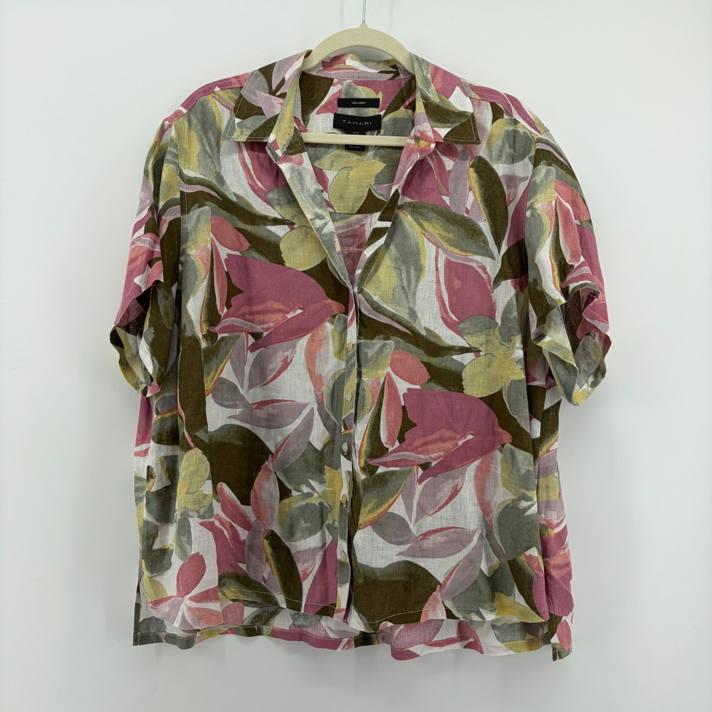 Tahari Women Floral Print Linen Button Down Short Sleeve Shirt 1X